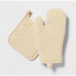 2pc Cotton Striped Oven Mitt and Pot Holder Set Yellow - Threshold™
